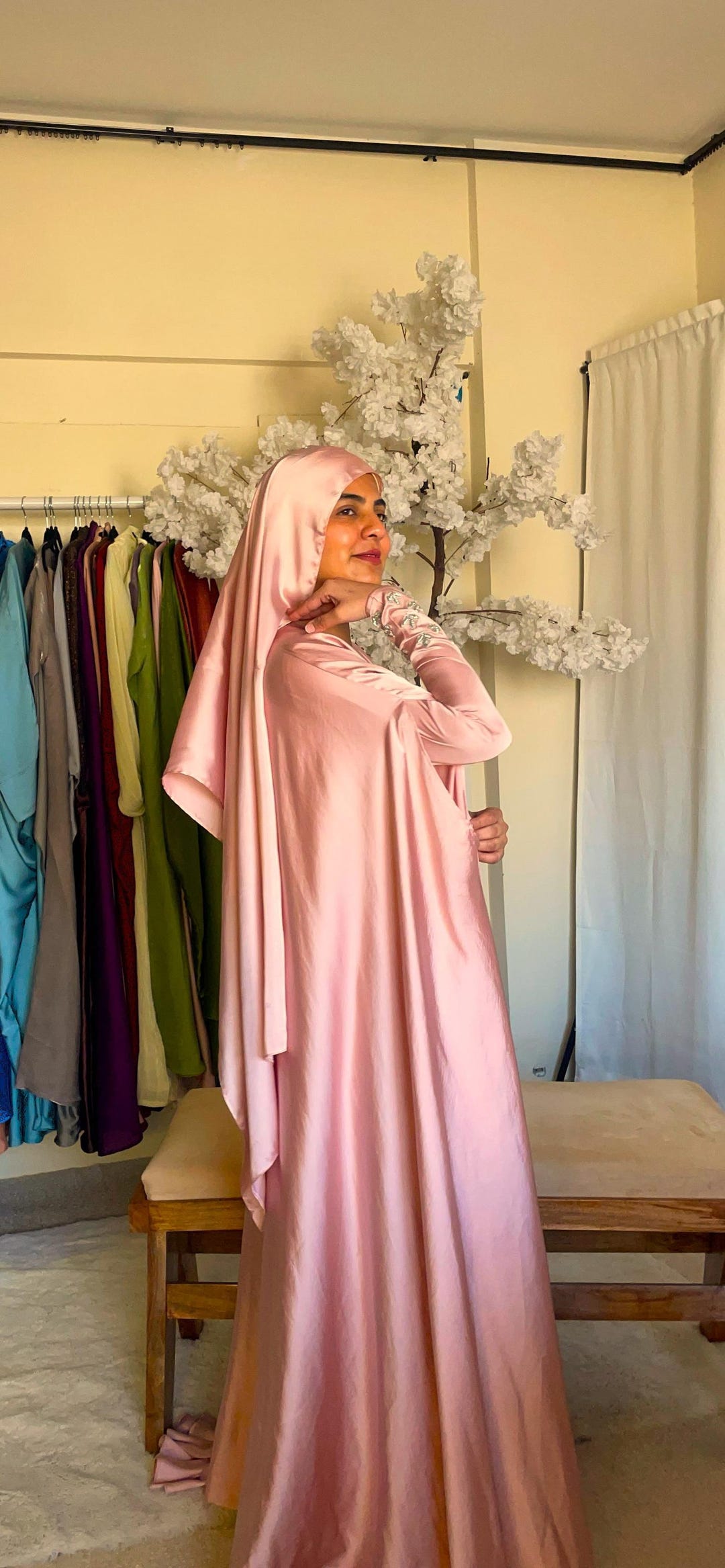 Salmon pink Korean silk abaya