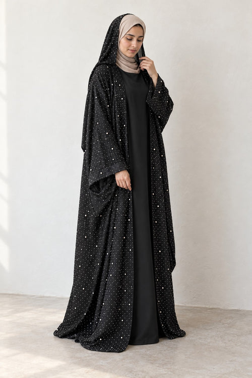 Rhinestone Open Abaya Set in black