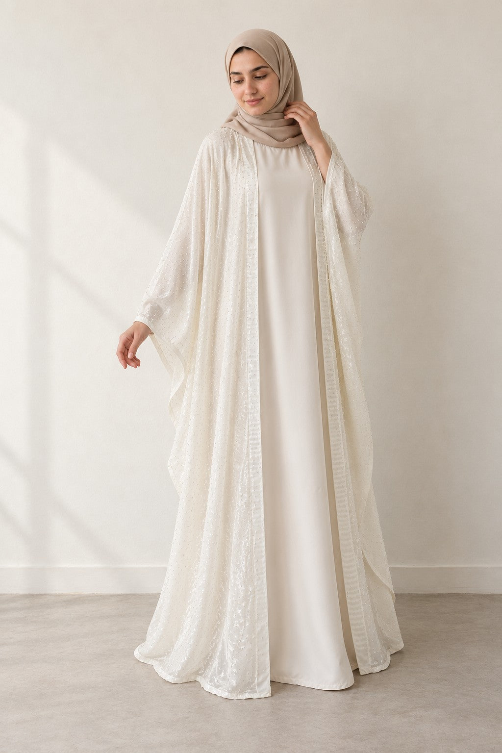 Rhinestone Open Abaya Set in white