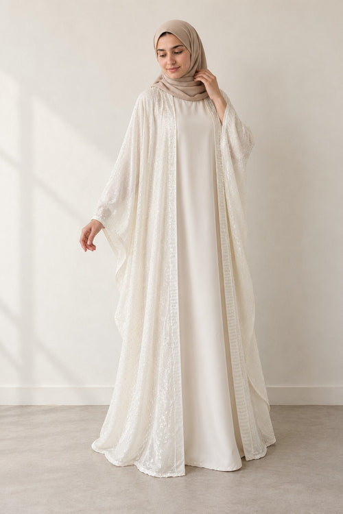 Rhinestone Open Abaya Set in white