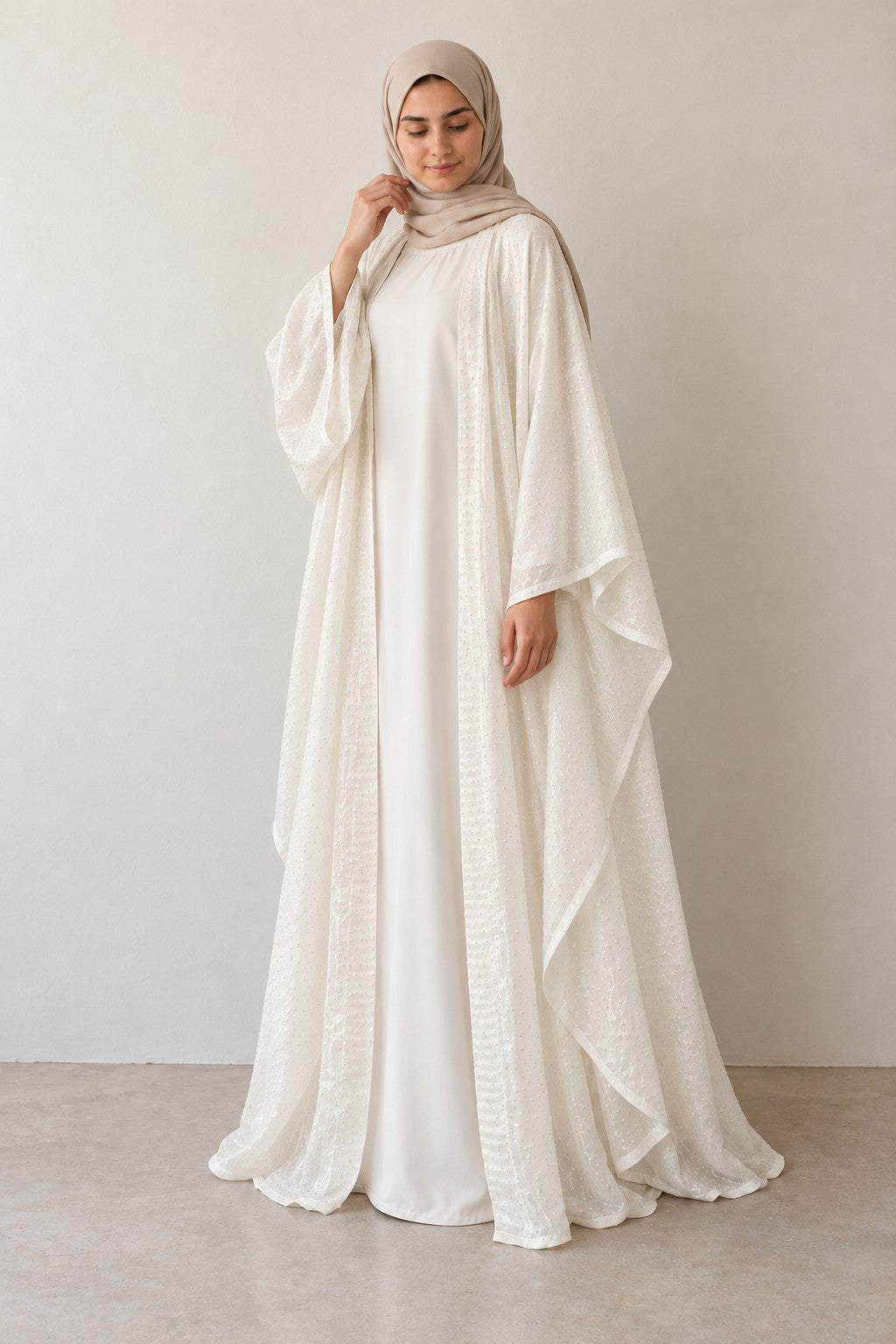 Rhinestone Open Abaya Set in white, side view