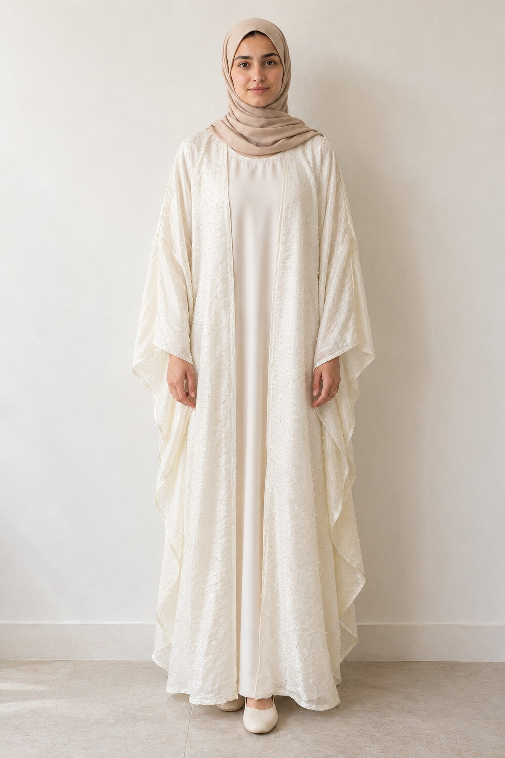 Rhinestone Open Abaya Set in white, front view
