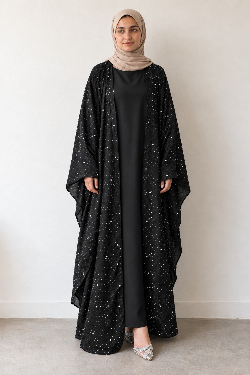 Rhinestone Open Abaya Set in black, front view