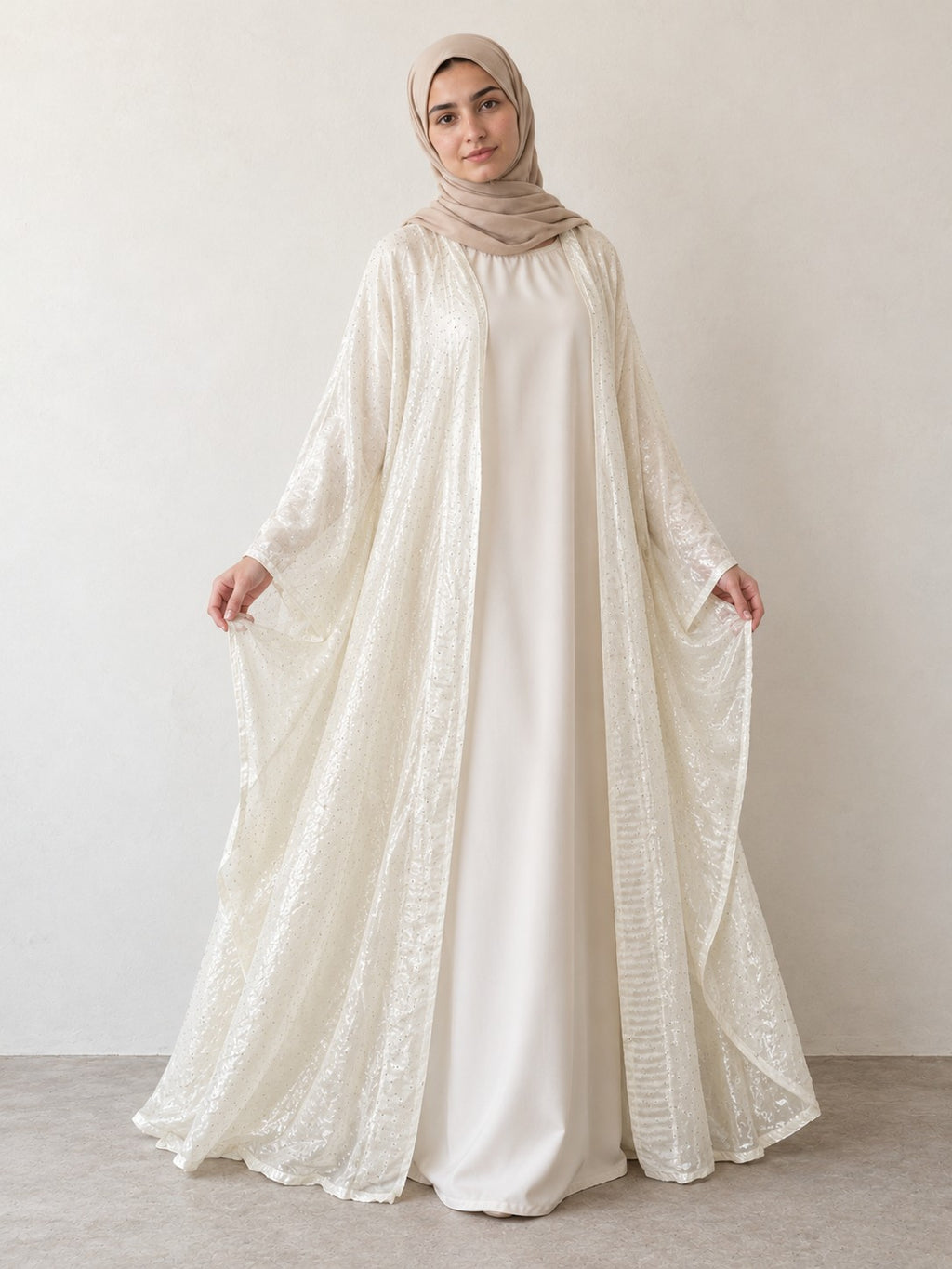 Rhinestone Open Abaya Set in white, sleeves open