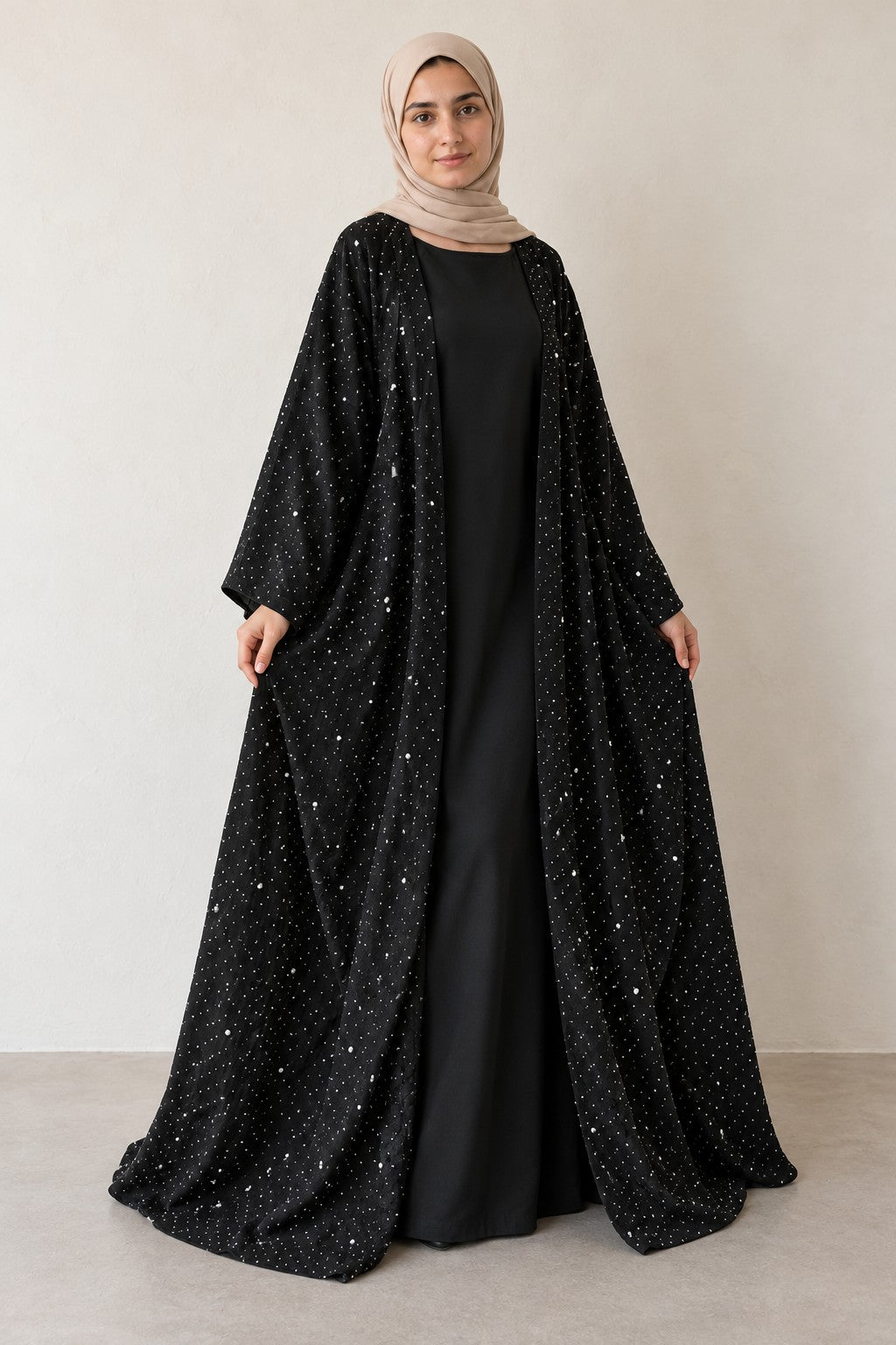 Rhinestone Open Abaya Set in black, rhinestone detail