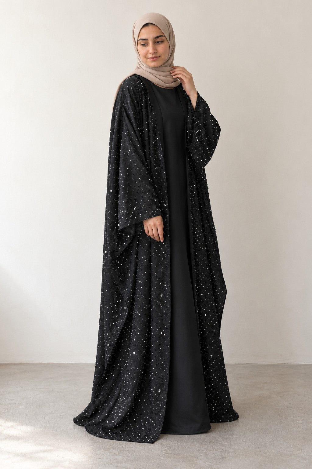 Rhinestone Open Abaya Set in black, side view
