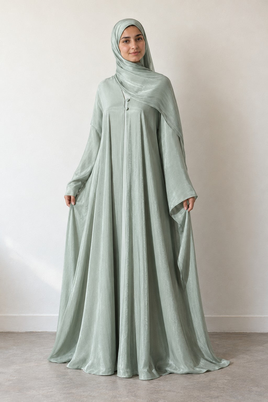 Satin-Finish Open Abaya in green