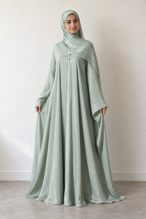 Satin-Finish Open Abaya in green