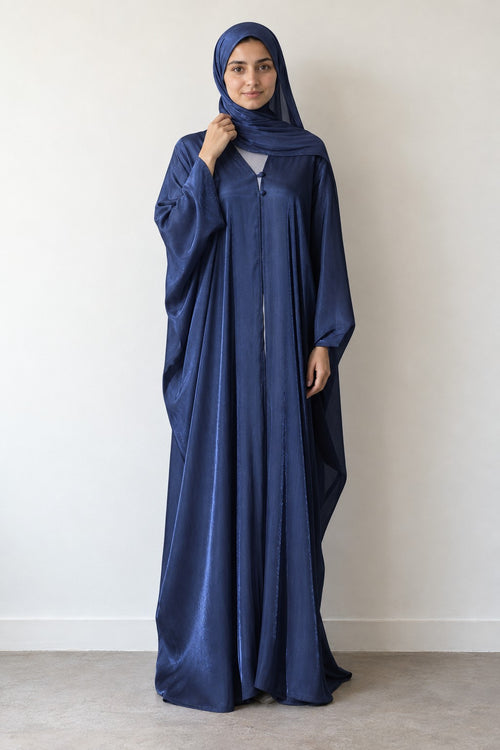 Satin-Finish Open Abaya in dark blue