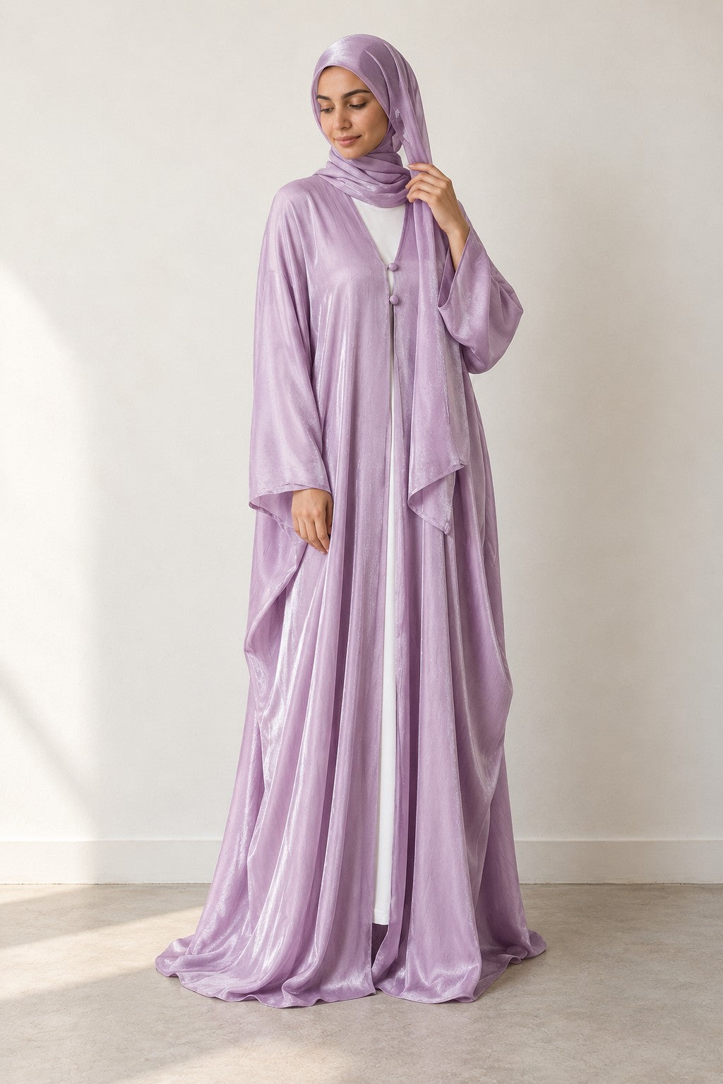 Satin-Finish Open Abaya in purple