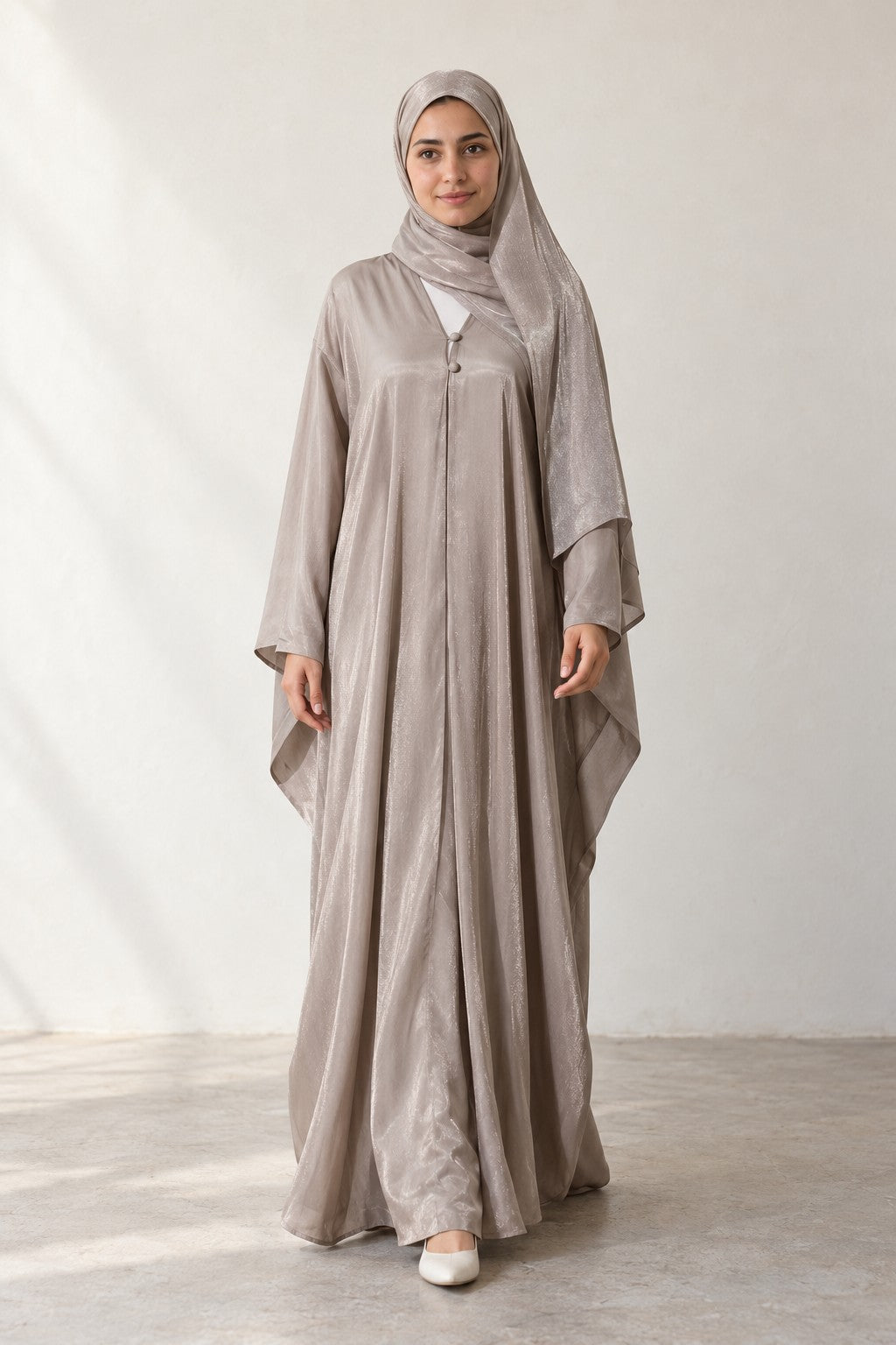 Satin-Finish Open Abaya in khaki